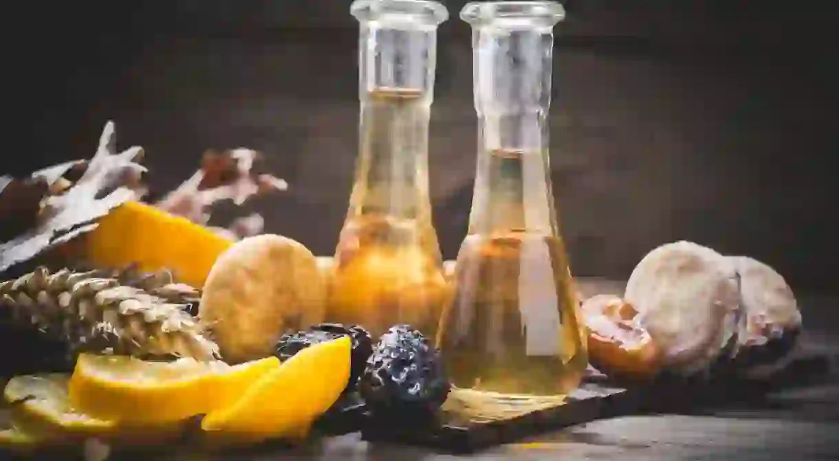 Traditional plum brandy in the traditional shot glass