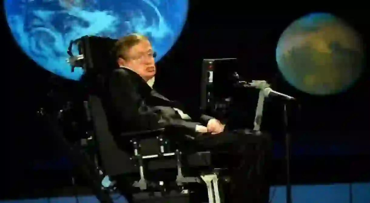 Hawking delivering a speech entitled “Why we should go into space” at George Washington University