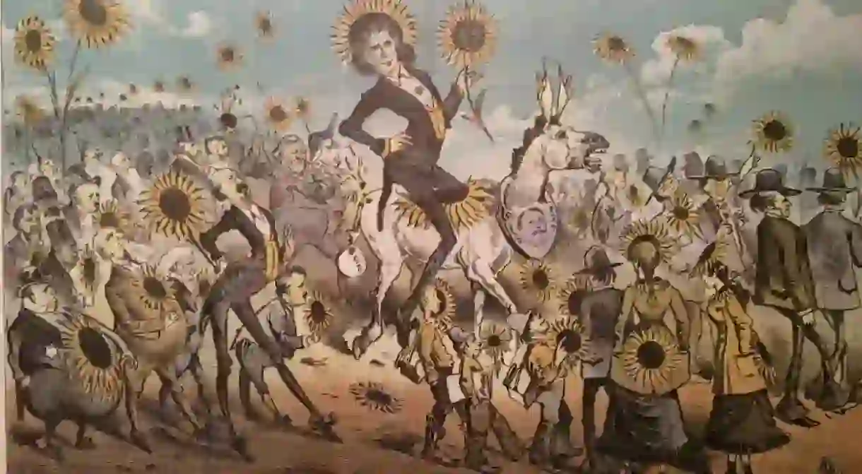 Keller cartoon from the Wasp of San Francisco depicting Wilde on the occasion of his visit there in 1882