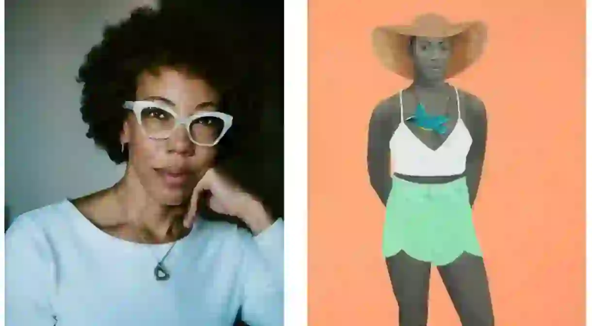 Left, Portrait of Amy Sherald. Courtesy the artist and Justin T. Gellerson. Right, All the unforgotten bliss (The early bird) 2017.