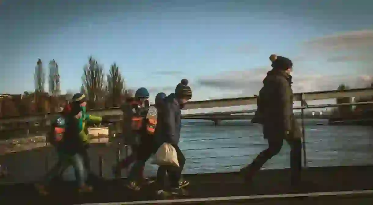 Kids in Lake Constance on their way to school