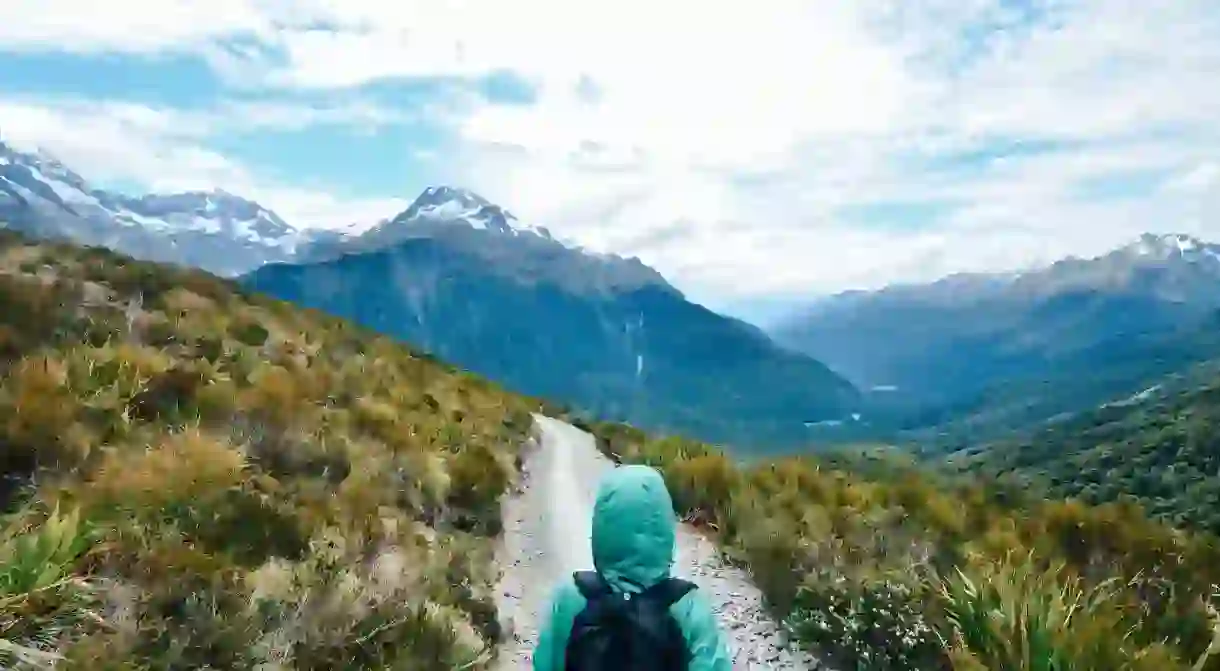 A hiker on the Milford Track, New Zealand