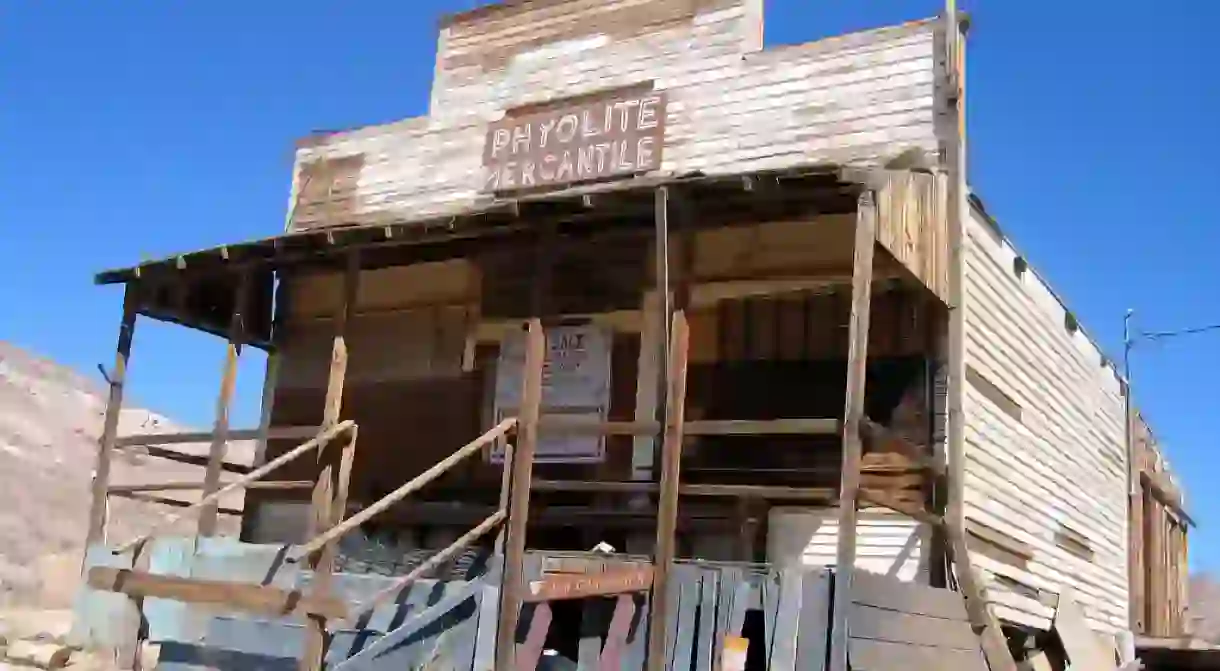 Rhyolite Mercantile, an abandoned general store, burned to the ground in September 2014 after being hit by lightning