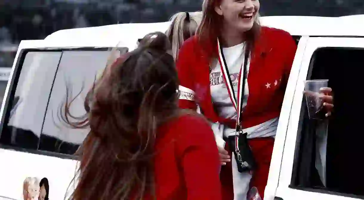 Girls aboard their russ bus