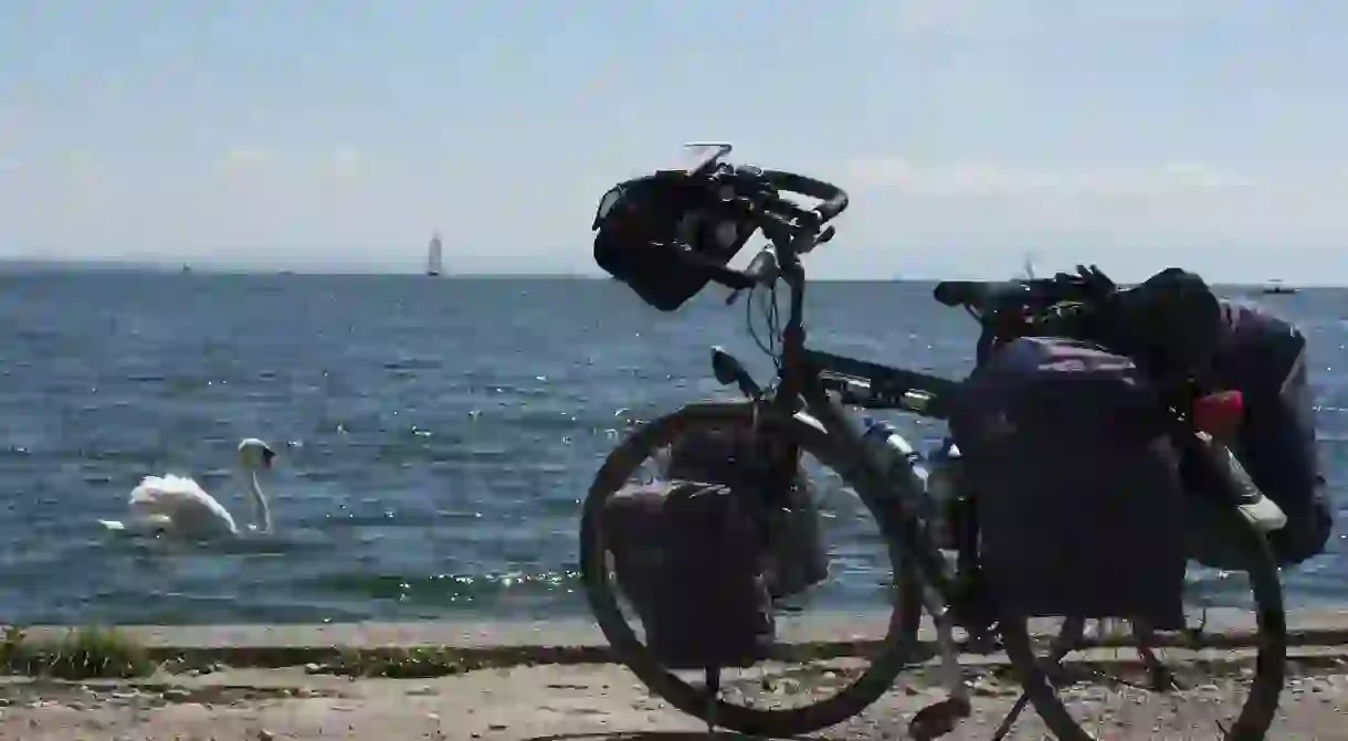 A well-packed bike on the shores of Lake Constance