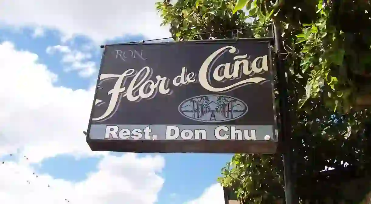 A sign bears the name of Nicaraguas famous rum, Flor de Cana