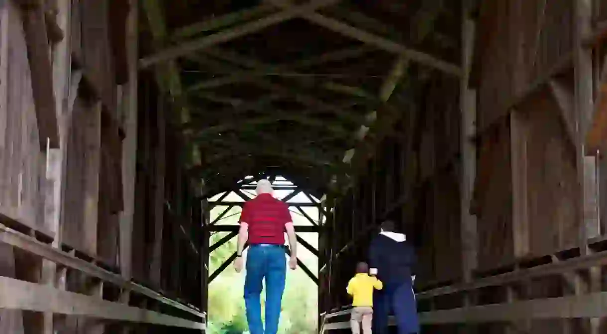 Walking inside the Felton Covered Bridge