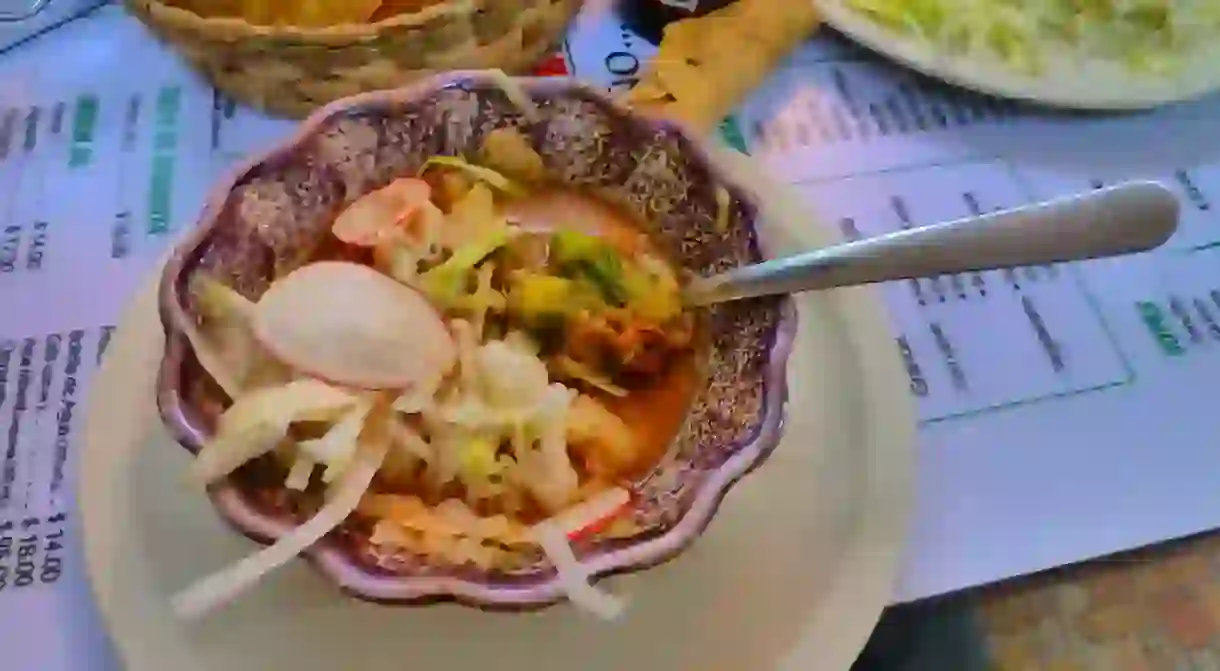 A bowl of traditional pozole