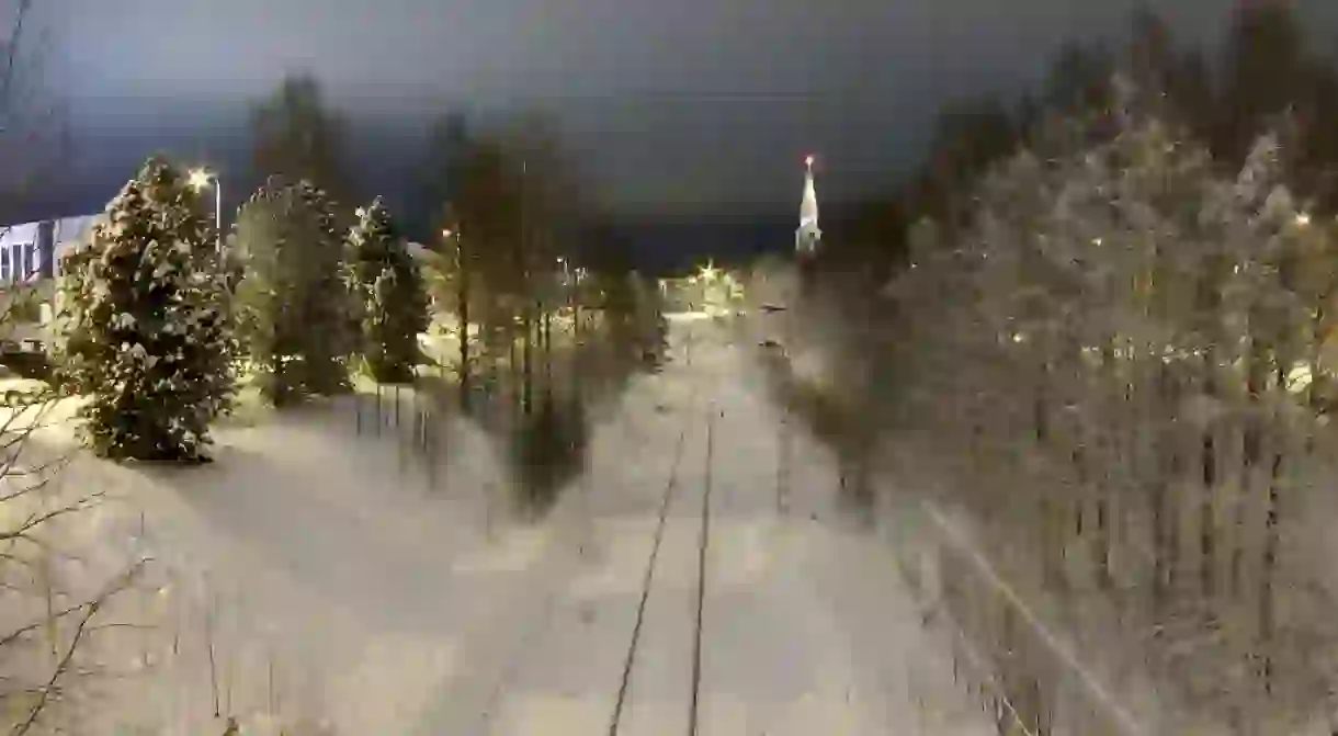 The snow-covered railway leading into Rovaniemi