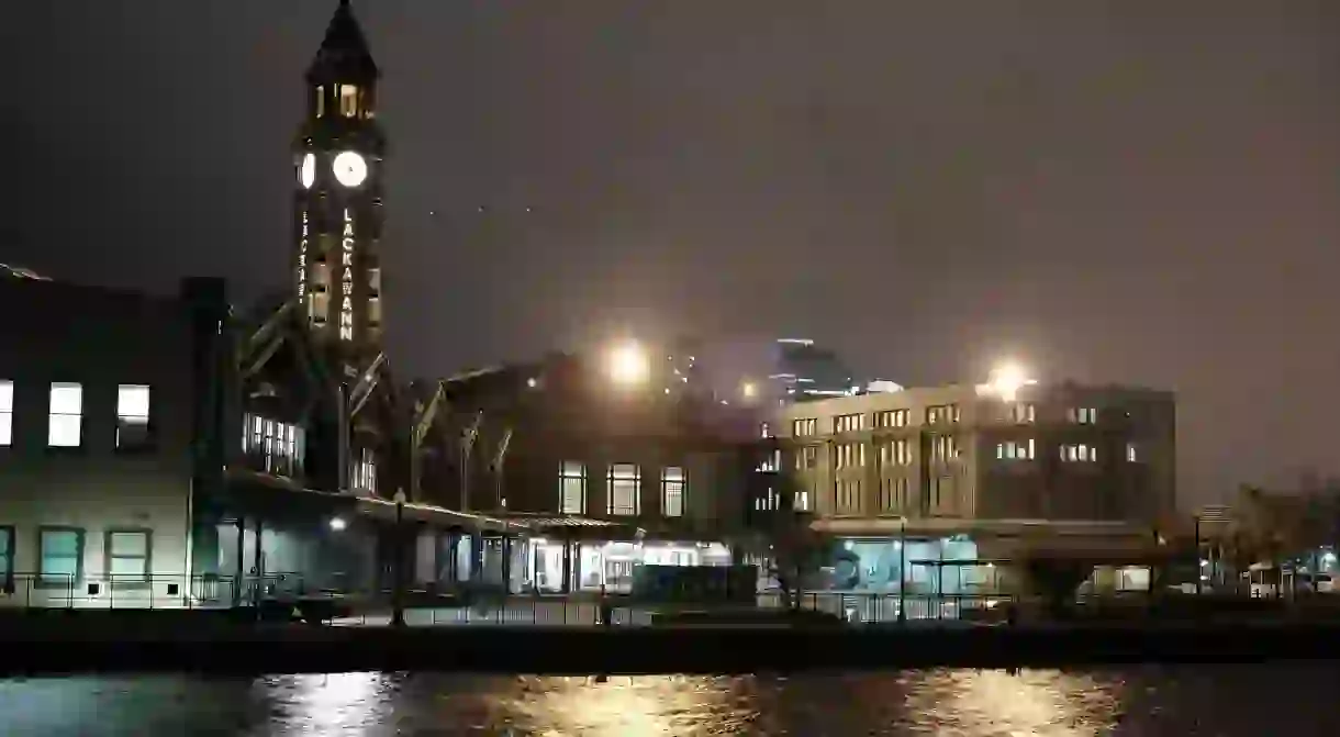 Hoboken Terminal at night.