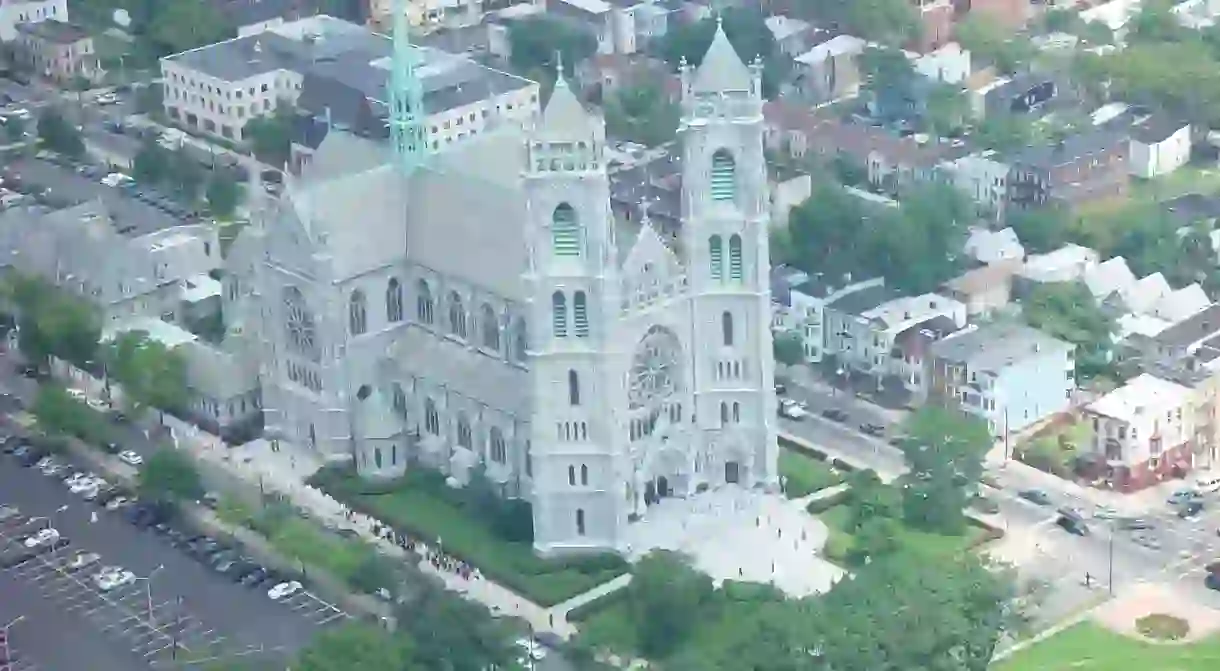 Aerial view of the Cathedral Basilica of the Sacred Heart in Newark, NJ.