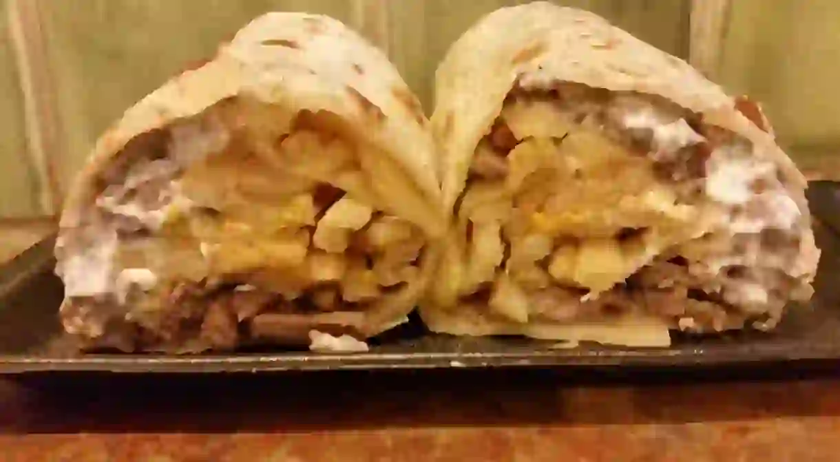 The California burrito is stuffed with french fries and carne asada