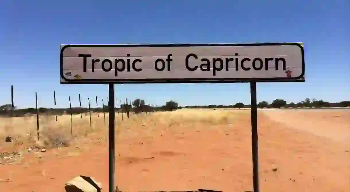 A post indicating the Tropic of Capricorn in the southern region of Namibia