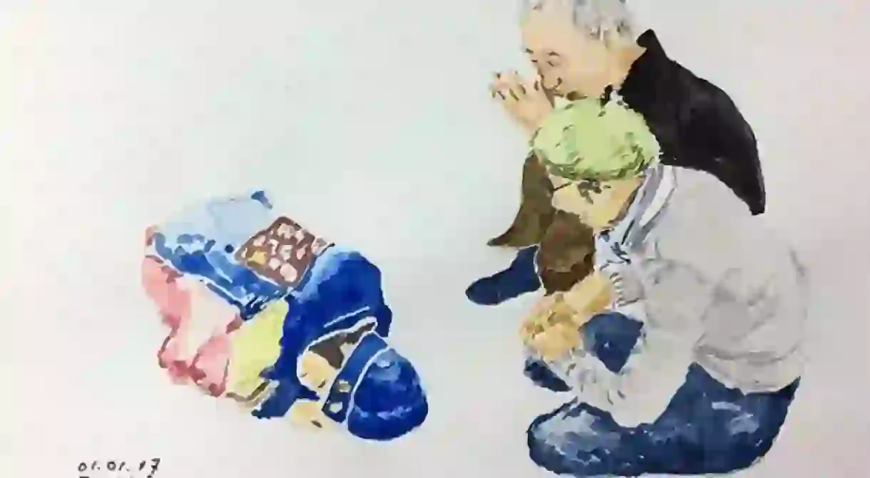 A work by Grandpa Chan depicting a family memory of a Korean holiday.