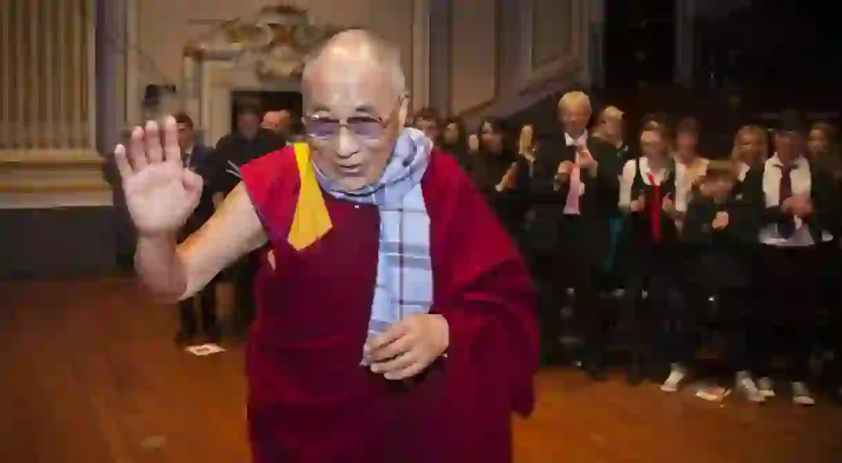 His Holiness The Dalai Lama Receiving The First World Peace Tartan Scarf, Scotland