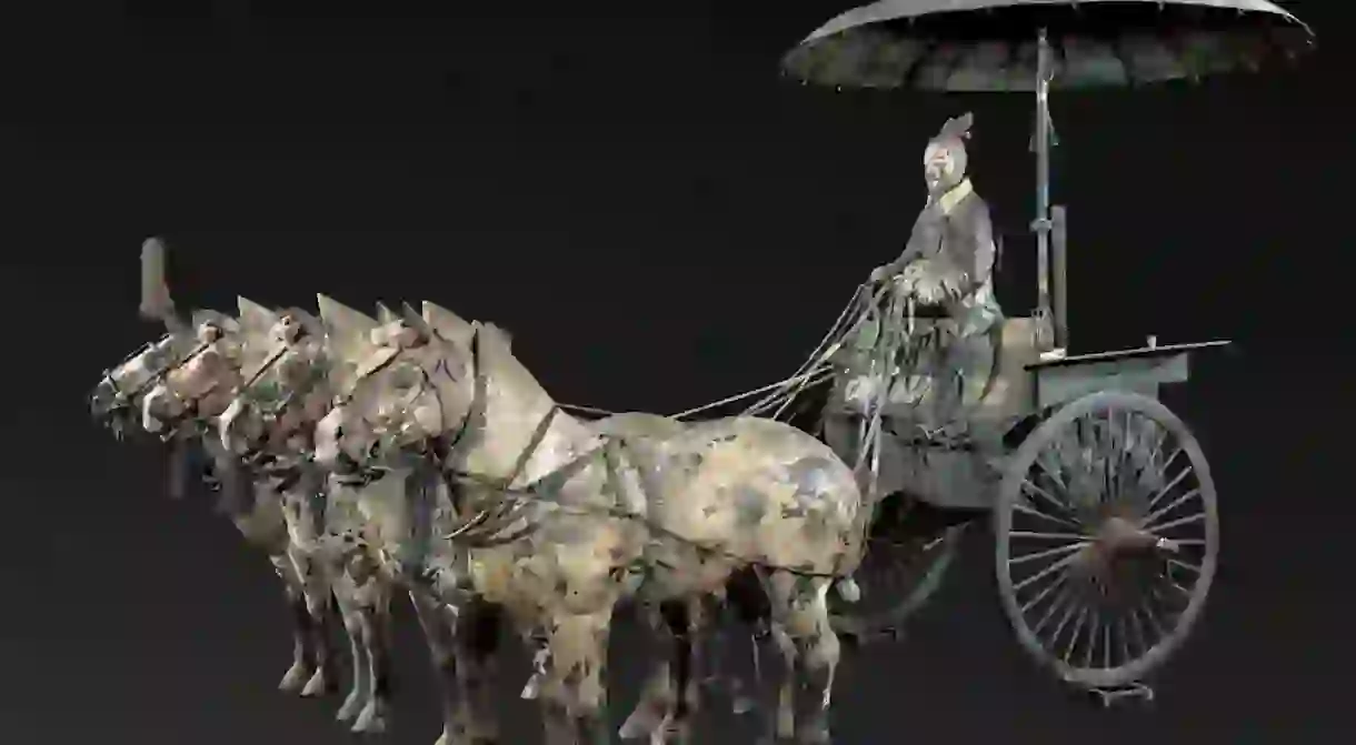 Chariot No. 1 with Horses (replica), Qin dynasty (221–206 BC), bronze, pigment, Excavated from Pit of Bronze Chariots, Qin Shihuang’s Mausoleum, 1980, Emperor Qin Shihuang’s Mausoleum Site Museum. Image courtesy of the Cincinnati Art Museum.