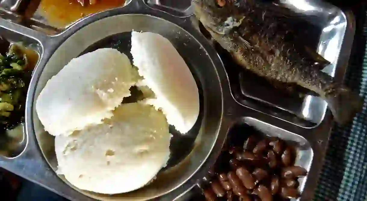 A traditional Malawian dish of nsima and chambo