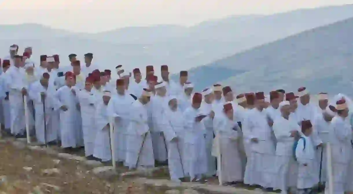 Members of the ancient Samaritan community during the holy day of Shavuot in Mount Gerizim, West Bank, 2012