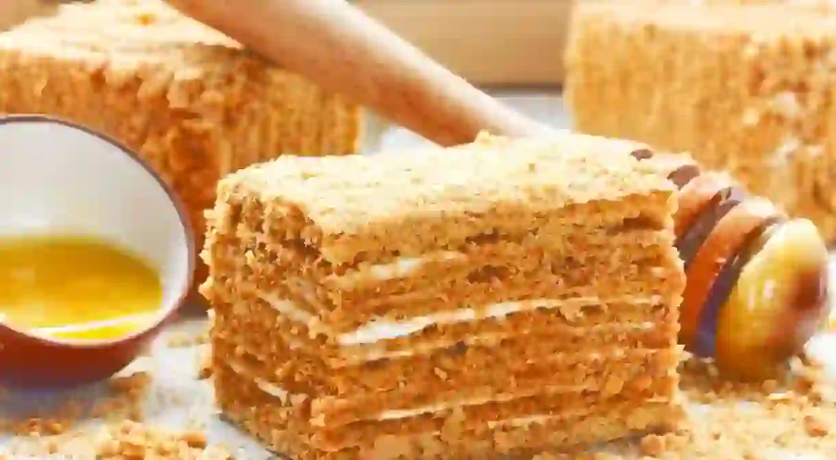 Slice of layered honey cake