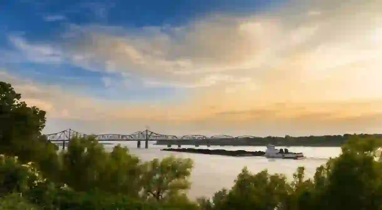 A pusher boat in the Mississippi River near the Vicksburg Bridge in Vicksburg, Mississippi