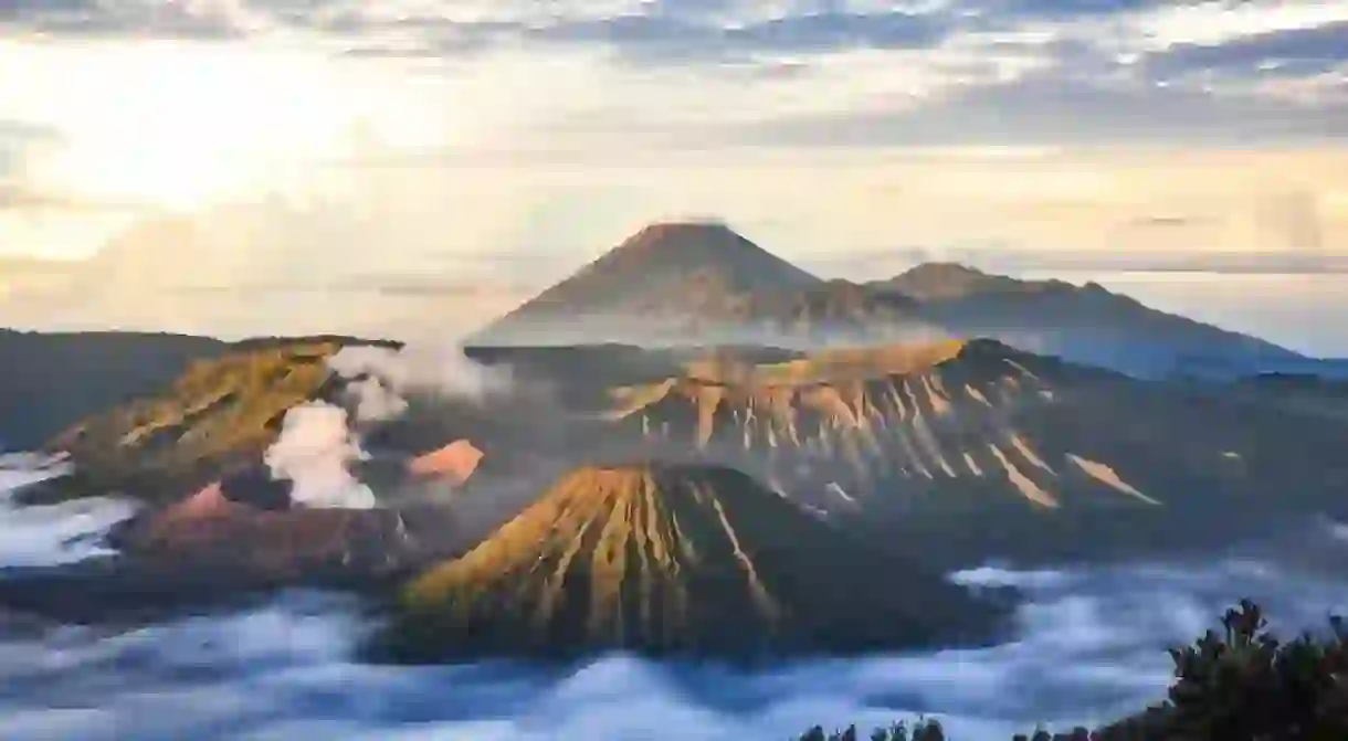 Mount Bromo volcano (Gunung Bromo) during sunrise, seen from Mount Penanjakan