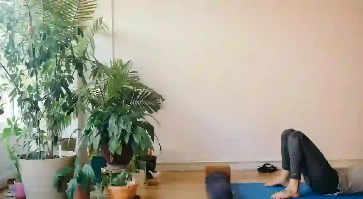 A peaceful yoga class at Yess Yoga.