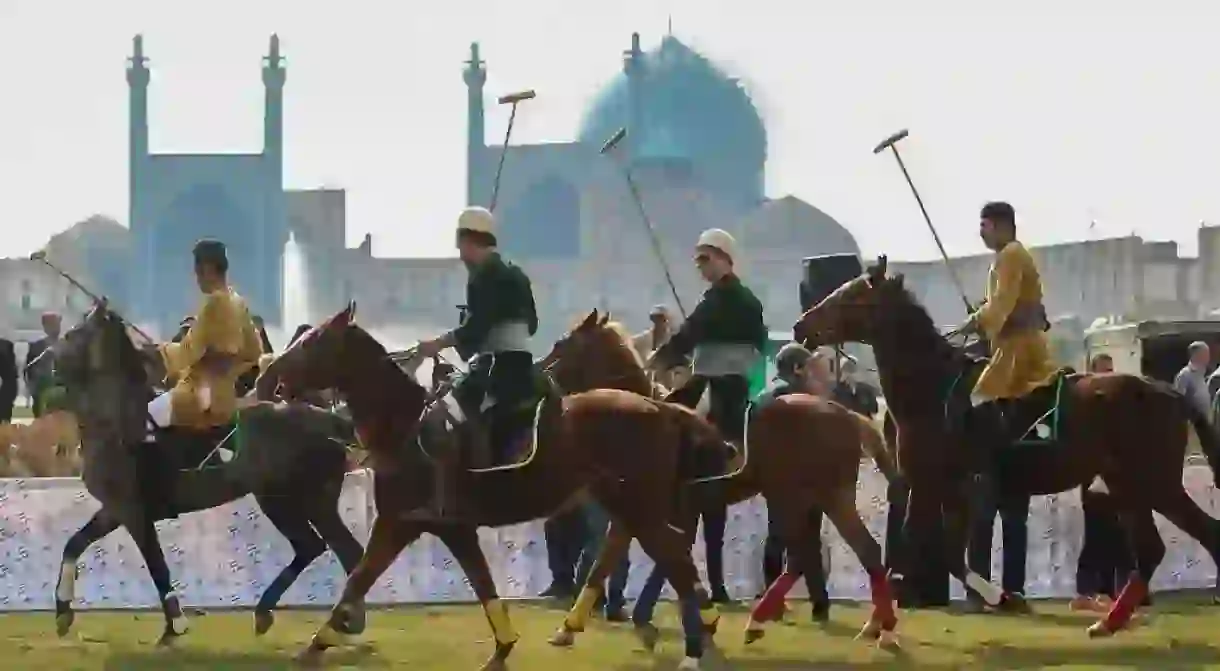 Horsemen and their horses during one of the Chovgan events