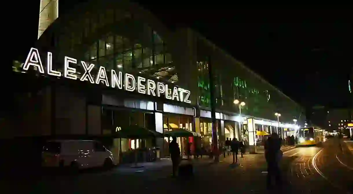 Alexanderplatz all lit up at night