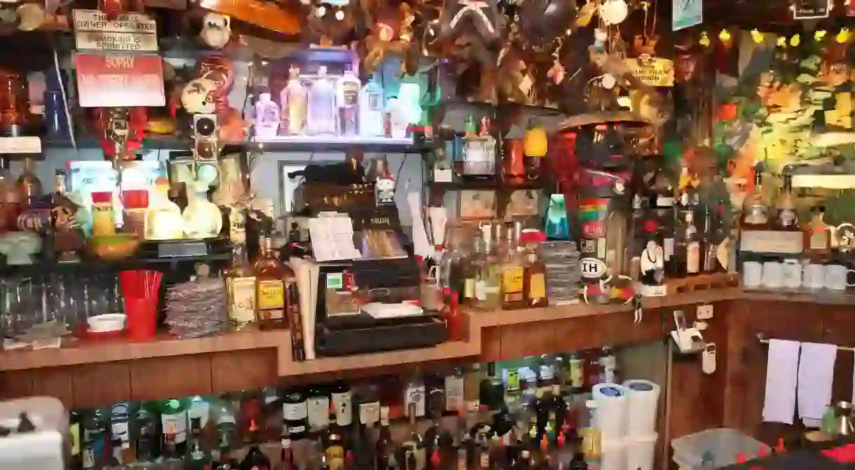 A well-stocked bar