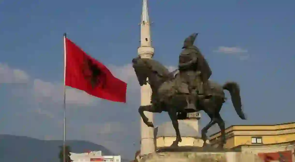 The statue of George Kastriota Skanderbeg in Skanderbeg Square, Tirana