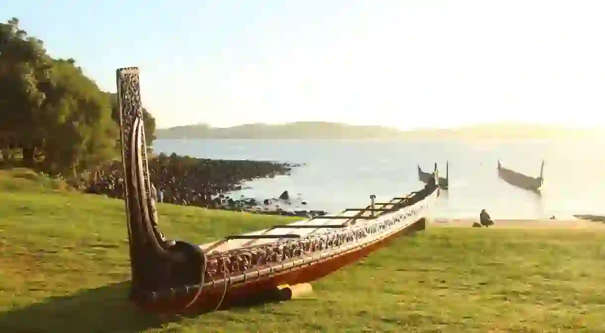 Traditional Maori waka (canoe) at Waitangi, New Zealand