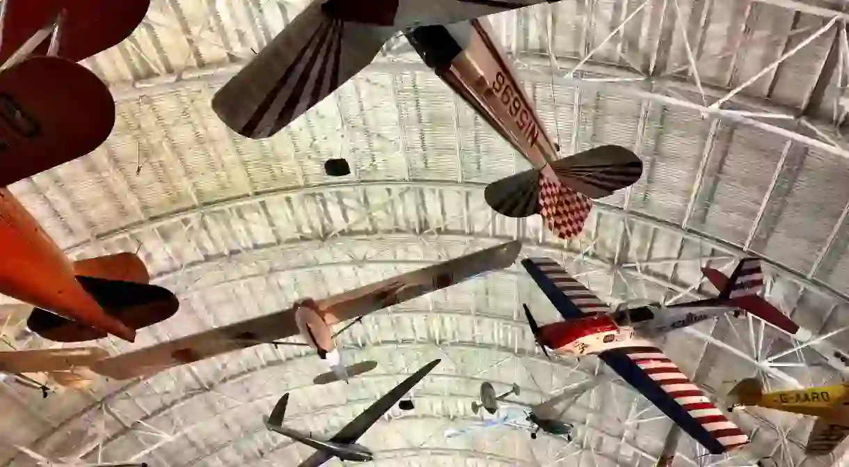 Old planes hang at the hangar of the Udvar-Hazy Center of Smithsonians Air and Space Museum