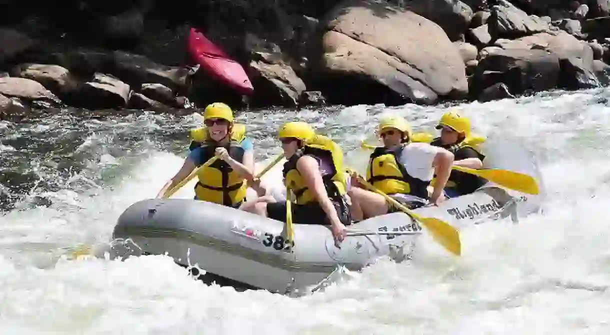 White water rafting in Zambia takes place on the Zambezi River