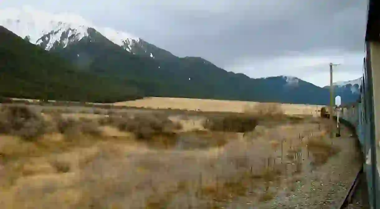 View of the TranzAlpine train as it sweeps towards the mountains