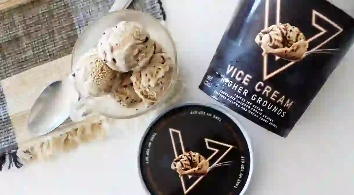 Vice Creams Higher Grounds: coffee ice cream with a chocolate cookie crunch, espresso pillows, and a mocha fudge ripple