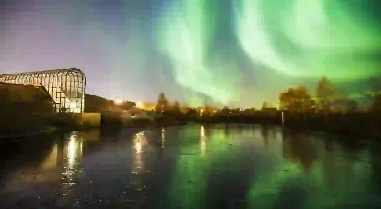 The northern lights shining over Arktikum.