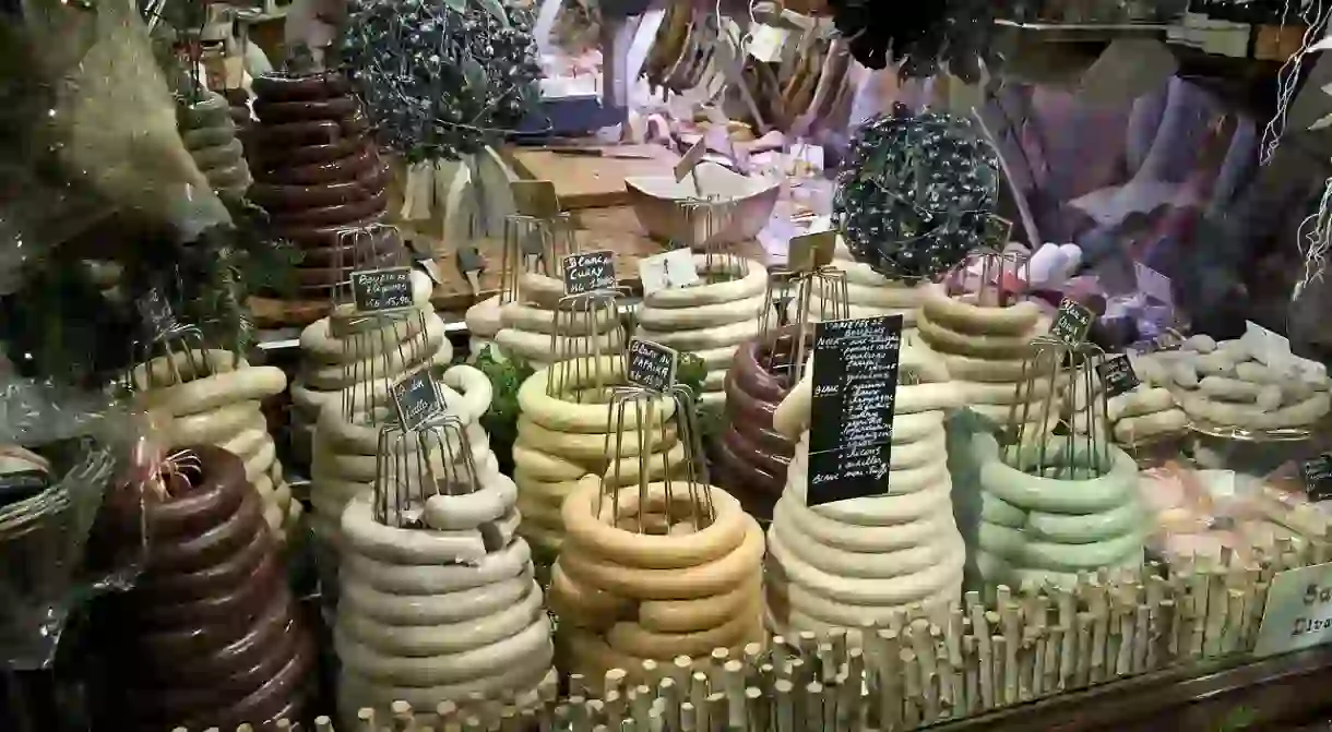 Boudin noir on display at a market