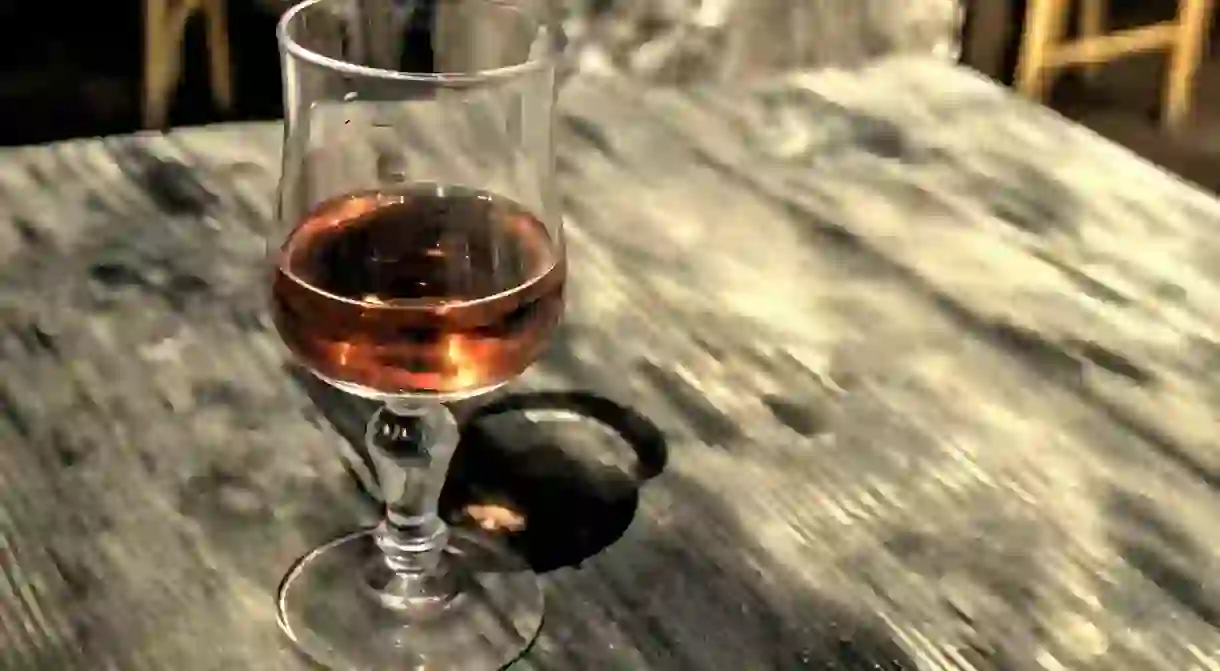 A glass of cognac, one of the most famous beverages of Albania