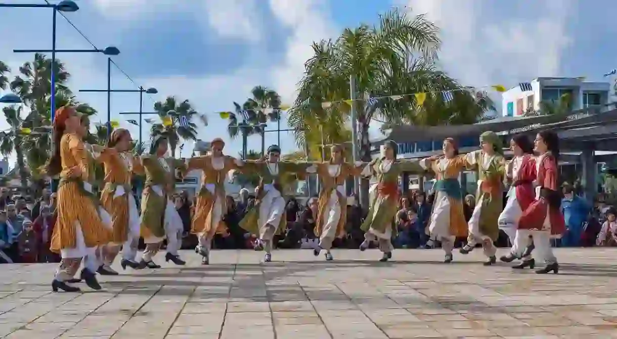 Girls dressed in traditional Cypriot costumes at a festival