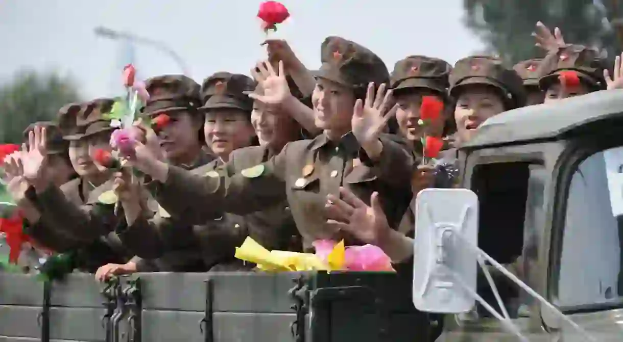 Female soldiers in a North Korean military parade