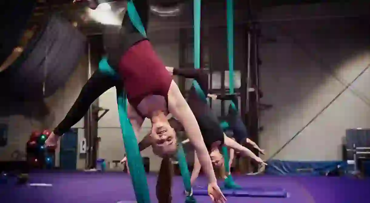 Aerial yoga class at Orlando Aerial Arts