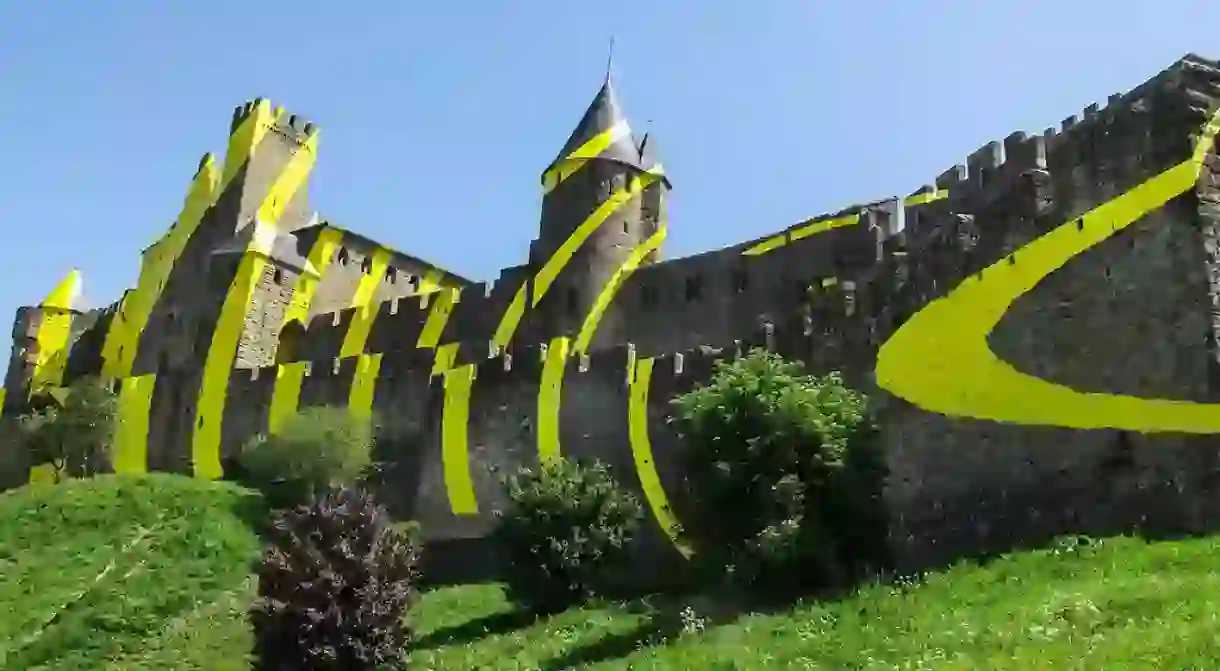 The medieval castle of Carcassonne with yellow concentric circles, France