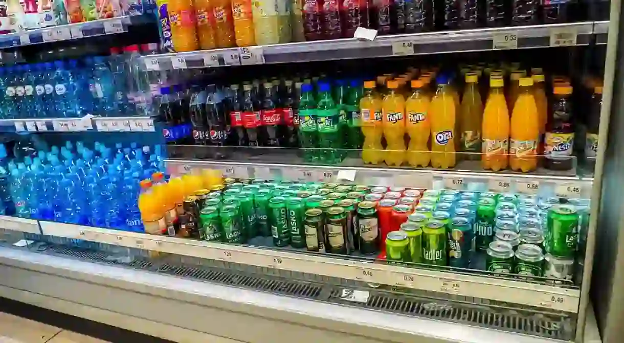 Soft drinks stand at the supermarket