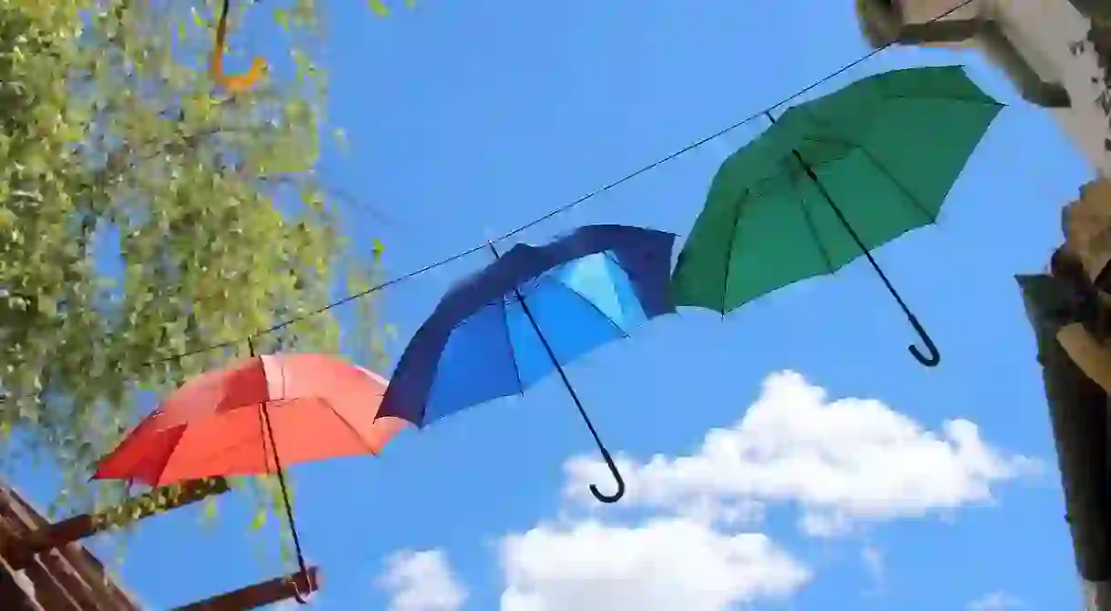 The iconic colourful umbrellas that hang in the centre of Szentendre