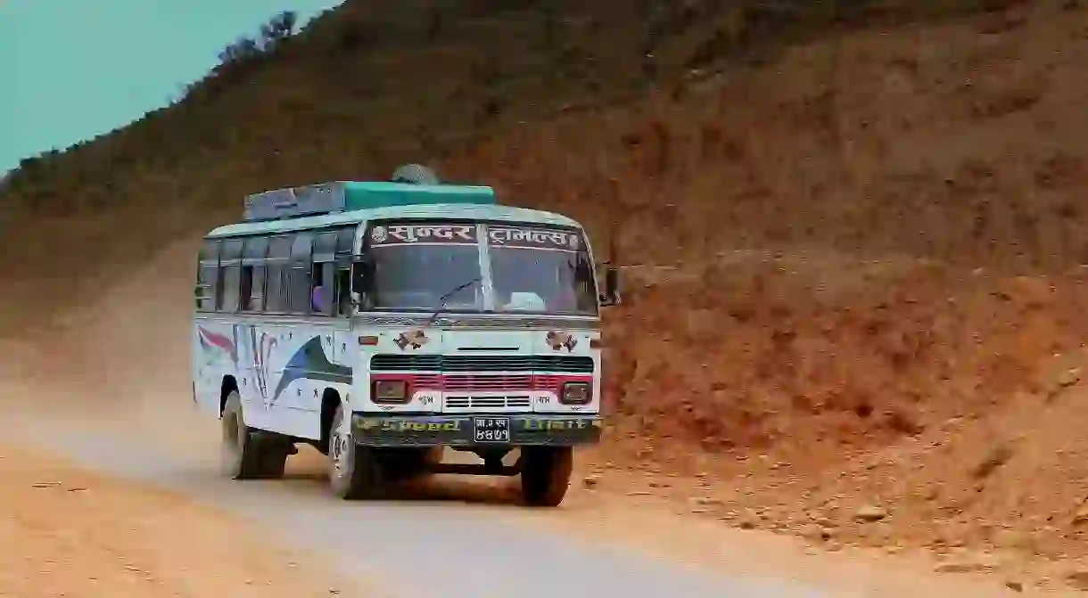 Tata bus at Fewa Lake in Nepal