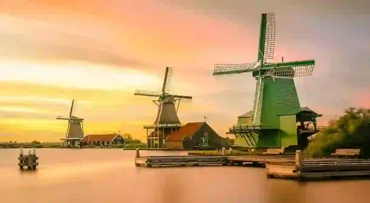 Sunset over the windmills at Zaanse Schans