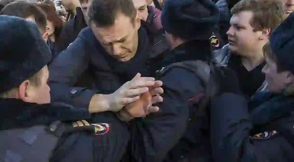 One of the most prominent leaders of the anti-Putin opposition, Alexei Navalny, during a protest in Moscow in March 2017.