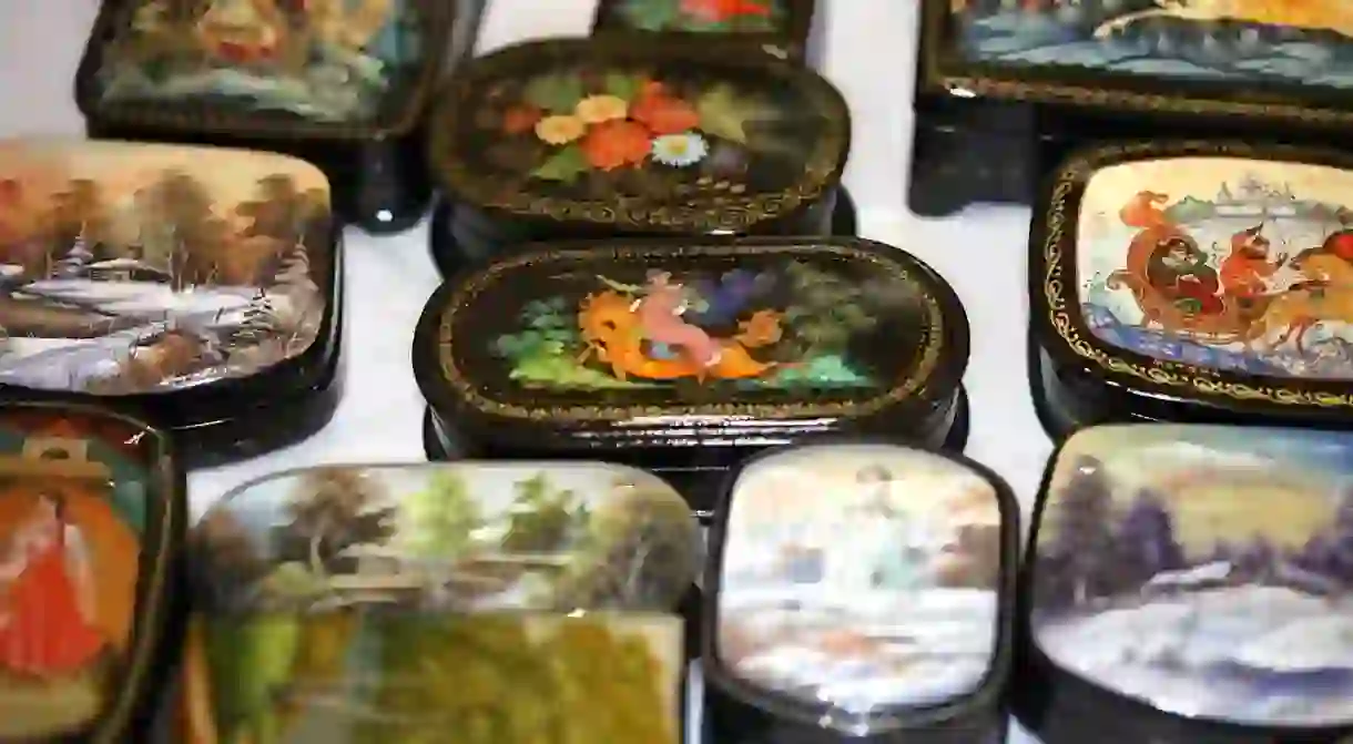 A selection of lacquer boxes in a shop