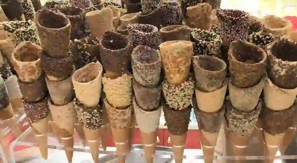 Ice cream cones with sprinkles, nuts or chocolate frosting at Hans & Gretel