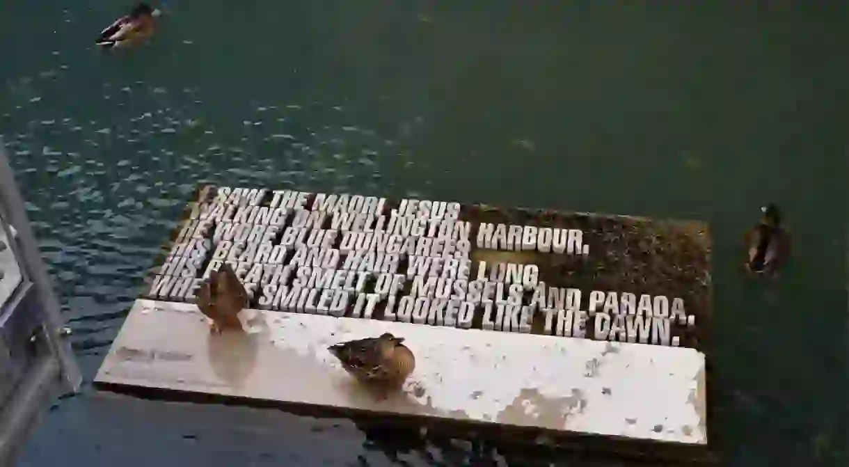 Art installation on the Wellington waterfront showcasing James K Baxters poetry